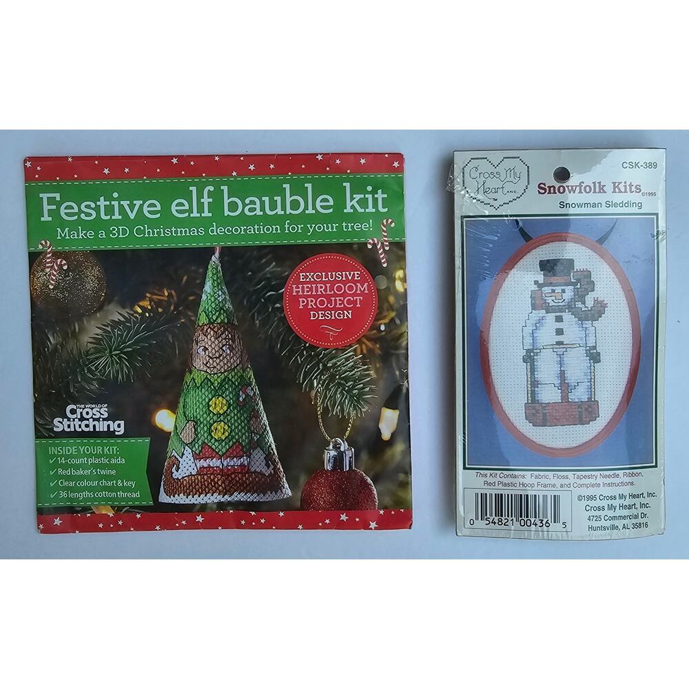 Lot of 2 CHRISTMAS Cross Stitch Kits Festive Elf Snowman Holiday Ornament GIFT